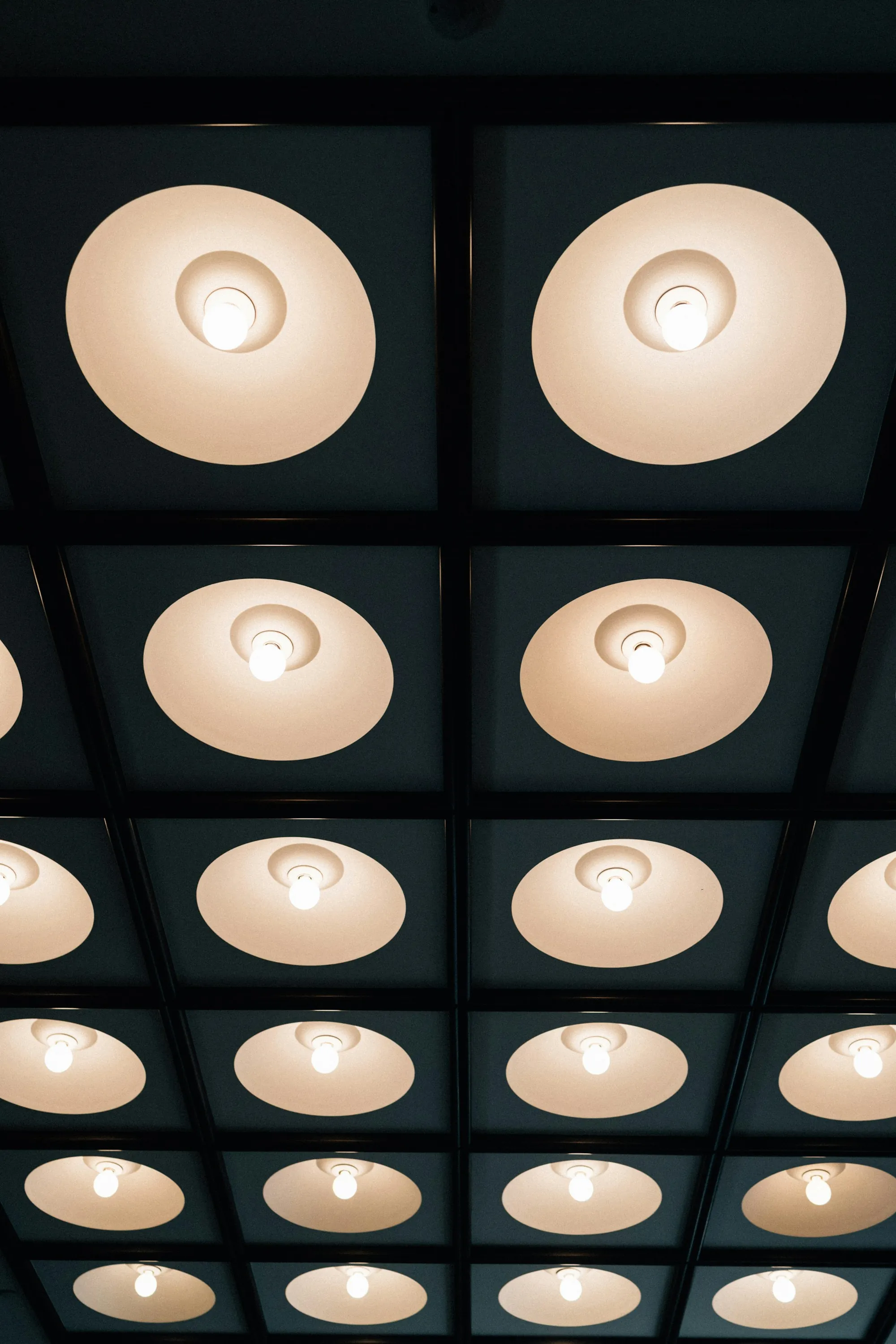 Rows of recessed lights glowing in a dark ceiling